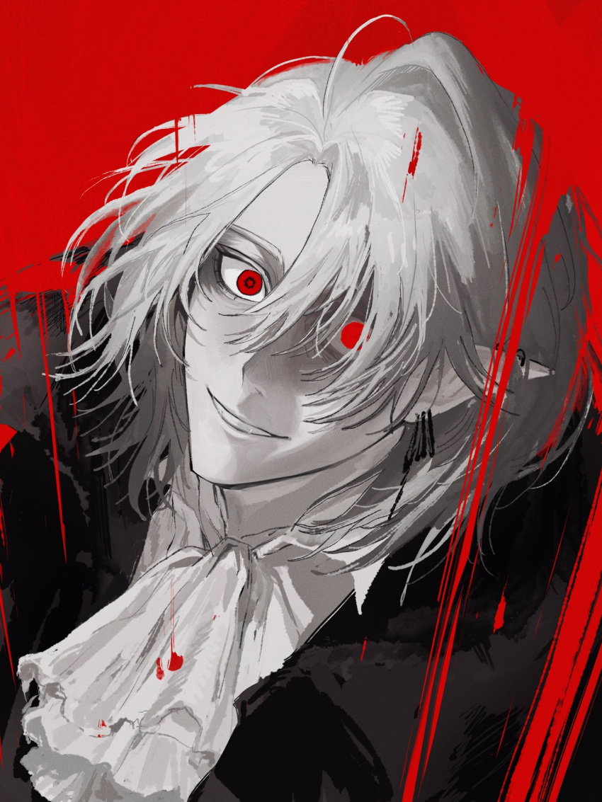 1boy, arknights, ascot, bad_source, black_jacket, blood, duq'arael_(arknights), earclip