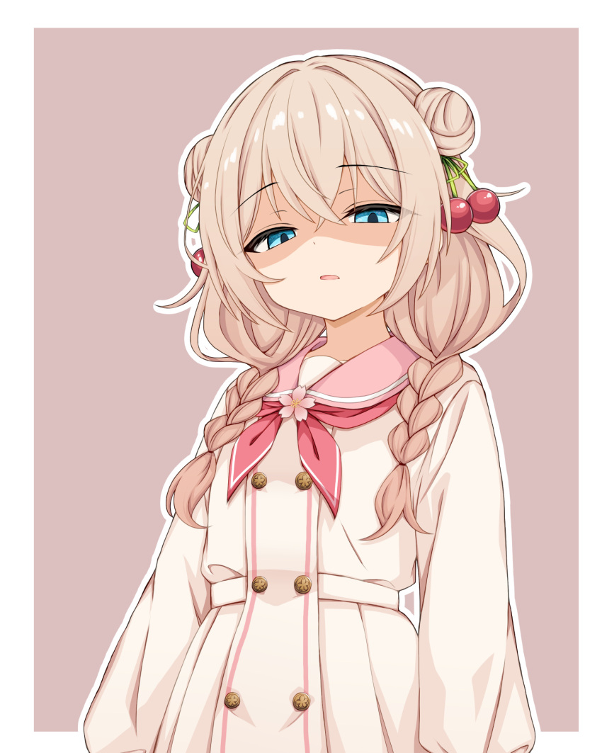 1girl, asumi_shuo, blonde_hair, blue_eyes, border, braid, cherry_hair_ornament, commentary_request, double_bun, dress, food-themed_hair_ornament, grey_background, hair_bun, hair_intakes, hair_ornament, half-closed_eyes, highres, long_hair, long_sleeves, looking_at_viewer, looking_down, low_twin_braids, mac_4229, neckerchief, outline, parted_lips, pink_sailor_collar, red_neckerchief, sailor_collar, shaded_face, simple_background, solo, twin_braids, virtual_youtuber, voicepeak, white_border, white_dress, white_outline
