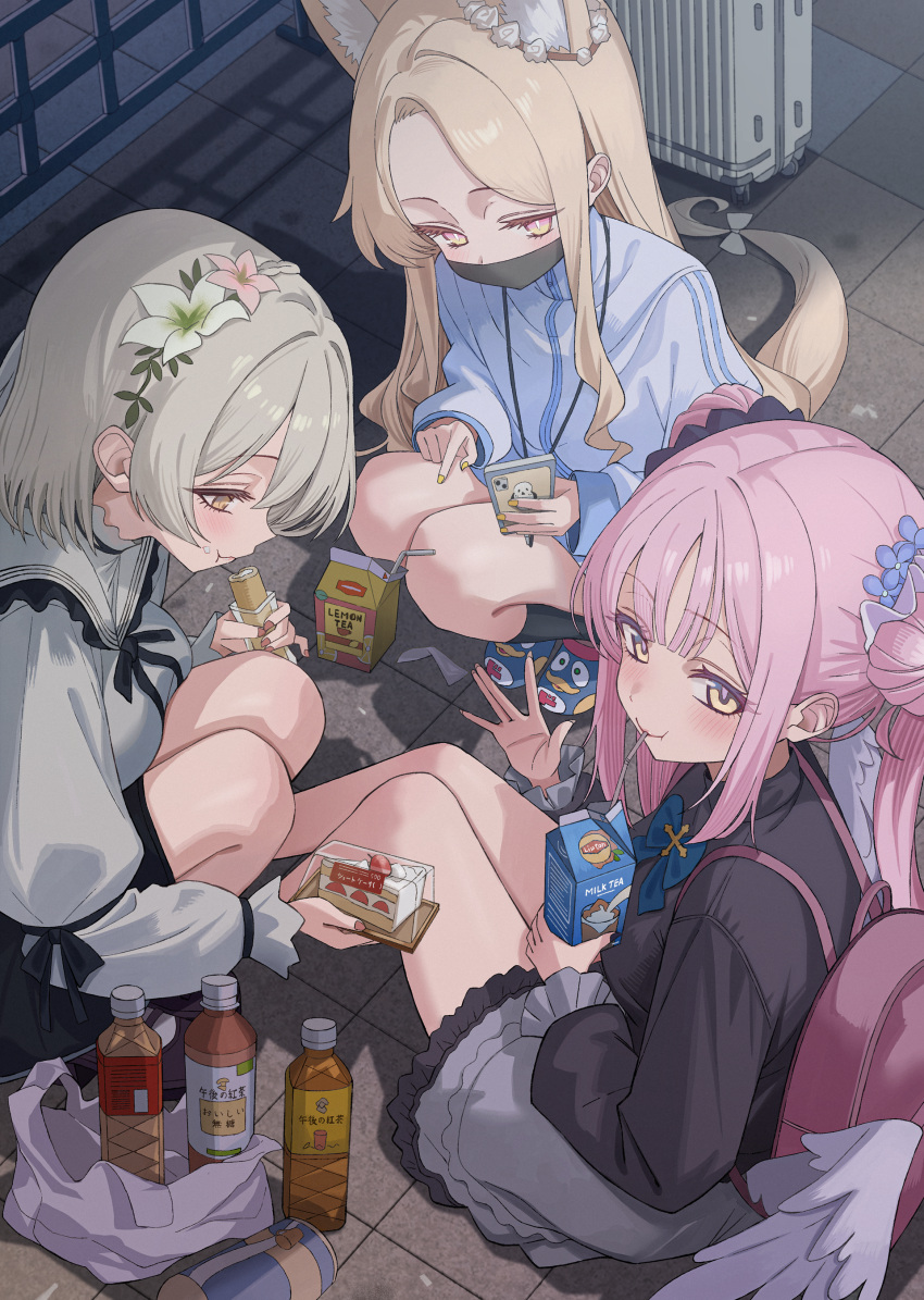 3girls, absurdres, alternate_costume, angel_wings, animal_ear_fluff, animal_ears, bag, black_mask, blonde_hair, blue_archive, breasts, brown_hair, cake, cross_halo, feathered_wings, flower, food, fox_ears, hair_bun, hair_flower, hair_ornament, halo, highres, holding, holding_milk_carton, jirai_kei, long_hair, mask, mika_(blue_archive), milk_carton, miyabino_(miyabi1616), mouth_mask, multiple_girls, nagisa_(blue_archive), open_mouth, pink_hair, pink_halo, plastic_bag, plastic_bottle, seia_(blue_archive), single_side_bun, smile, swiss_roll, tea_party_(blue_archive), white_wings, wings, yellow_eyes, yellow_halo