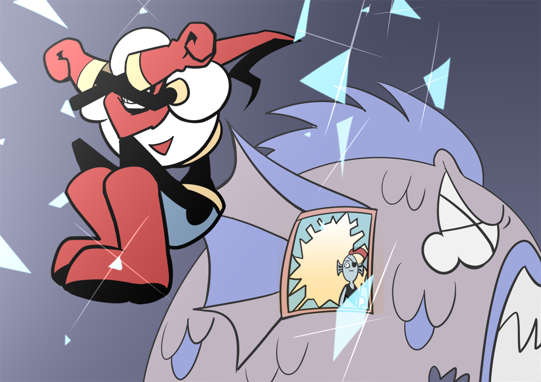 1boy, 1girl, armor, autodefenestration, black_tank_top, blue_skin, boots, broken_glass, broken_window, colored_skin, eyelashes, eyepatch, fins, fish_girl, glass, gloves, head_fins, house, houten_(dre_a_mer), jumping, mohawk, o_o, papyrus_(undertale), ponytail, red_boots, red_gloves, red_hair, red_scarf, scales, scarf, sharp_teeth, skeleton, sparkle, tank_top, tearing_up, teeth, undertale, undyne, x_arms, x_x
