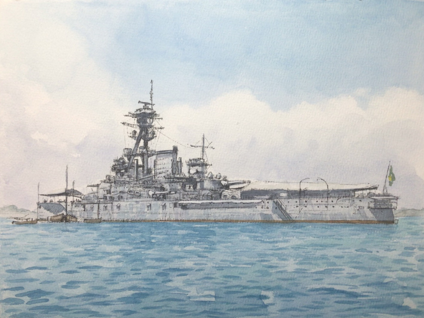 atelier_bono, battleship, blue_sky, brazilian_flag, brazilian_navy, clouds, cloudy_sky, commentary_request, highres, mast, military_vehicle, minas_gerais_(battleship), no_humans, ocean, original, outdoors, painting_(medium), ship, ship_turret, sky, smokestack, traditional_media, vehicle_focus, warship, watercolor_(medium), watercraft
