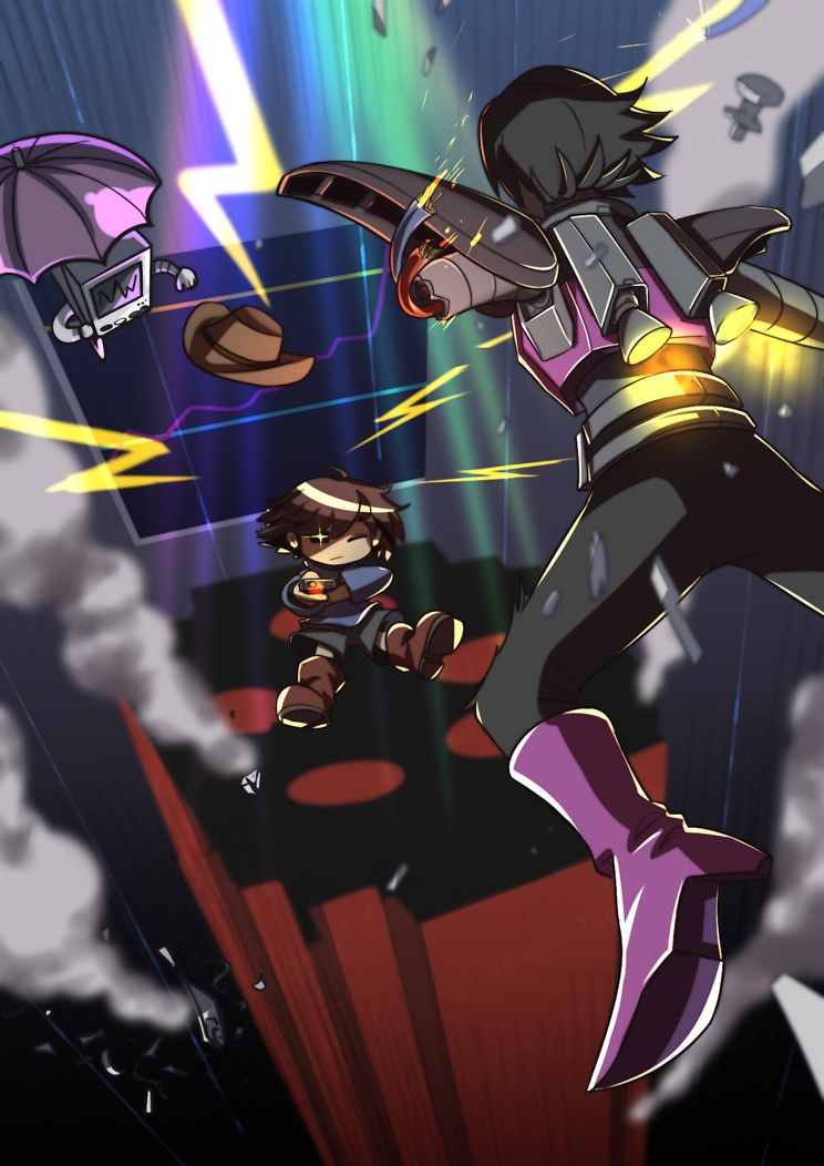 1boy, 1other, amputee, armor, battle, battle_damage, black_hair, black_pants