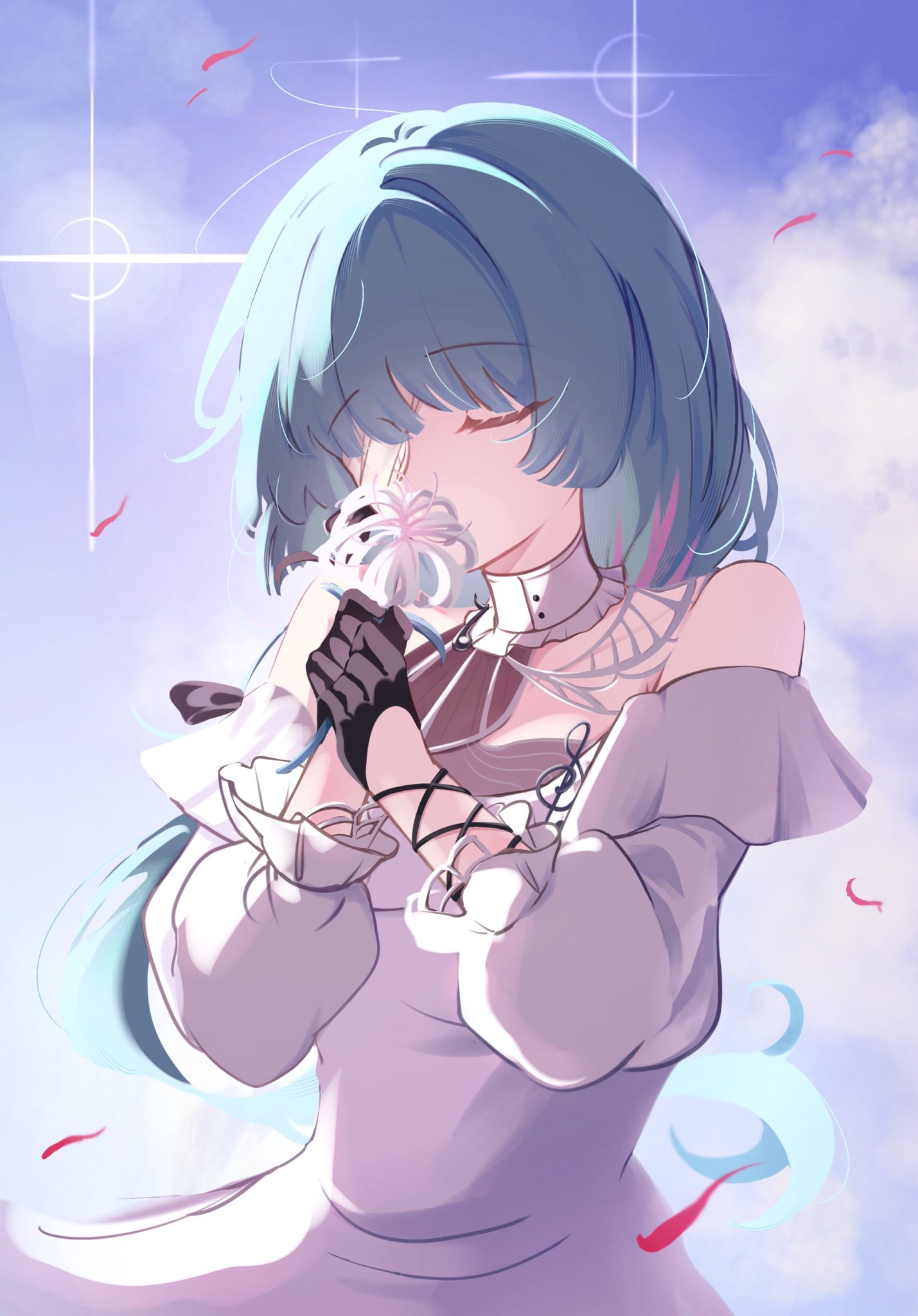1girl, bare_shoulders, black_gloves, closed_eyes, commentary, dress, english_commentary, flower