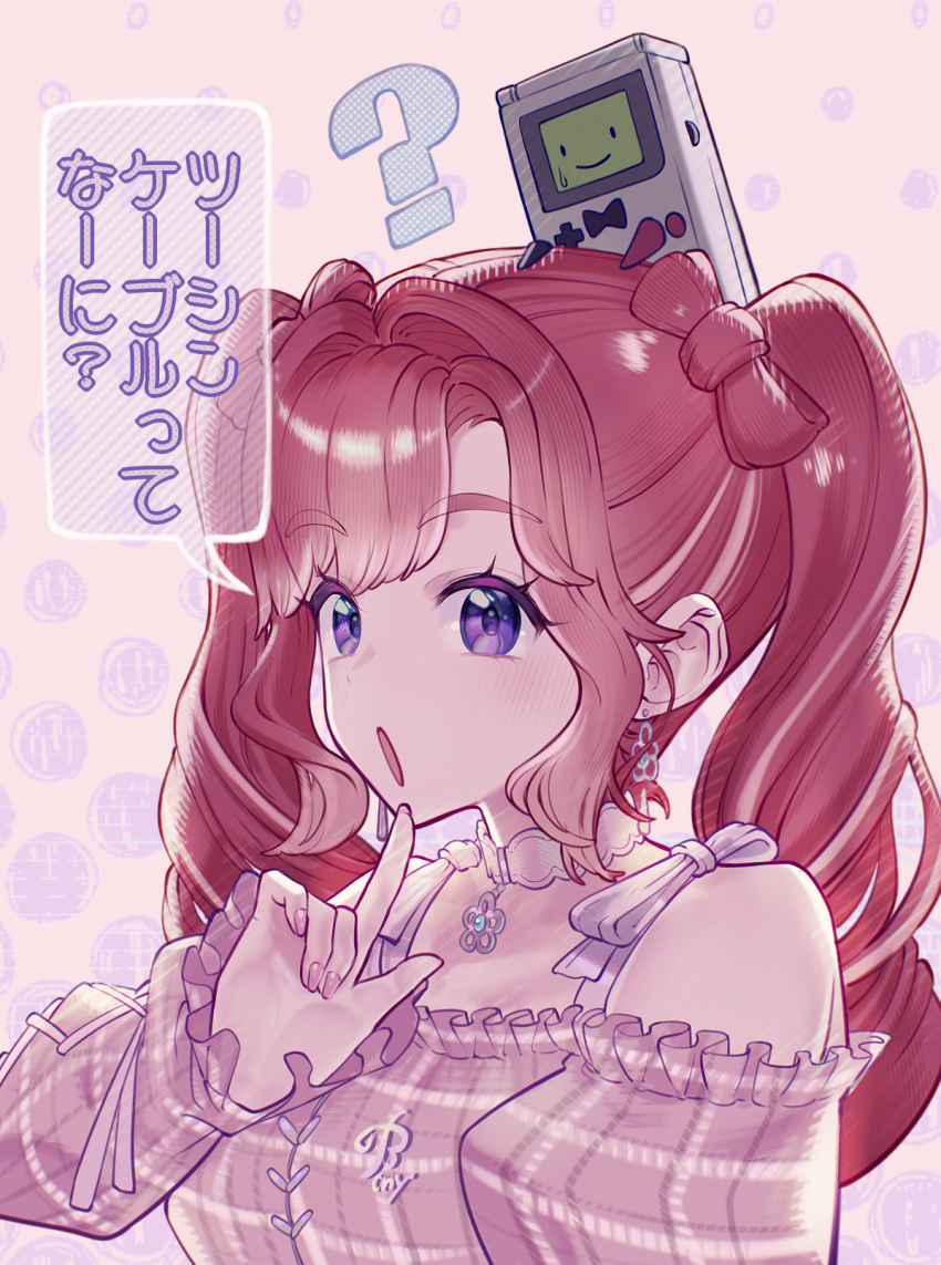 1girl, ?, bare_shoulders, blush, bow-shaped_hair, choker, earrings, finger_to_own_chin