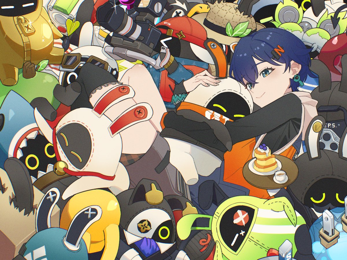 014115r, 1girl, agent_gulliver_(zenless_zone_zero), amillion_(zenless_zone_zero), avocaboo_(zenless_zone_zero), bagboo_(zenless_zone_zero), bandana, bandana_around_neck, bangboo_(zenless_zone_zero), belion_(zenless_zone_zero), belle_(zenless_zone_zero), black_shirt, blue_hair, blush, butler_(zenless_zone_zero), character_request, closed_mouth, crossed_bangs, devilboo_(zenless_zone_zero), earrings, electroboo_(zenless_zone_zero), eous_(zenless_zone_zero), exploreboo_(zenless_zone_zero), from_above, gloves, golden_bangboo, green_eyes, hair_between_eyes, hair_ornament, hugging_object, jewelry, letter_hair_ornament, long_sleeves, luckyboo_(zenless_zone_zero), lying, on_side, orange_bandana, orange_gloves, rocketboo_(zenless_zone_zero), sharkboo_(zenless_zone_zero), shirt, short_hair, single_thighhigh, sleeves_past_wrists, smile, snap_(zenless_zone_zero), thigh-highs, zenless_zone_zero