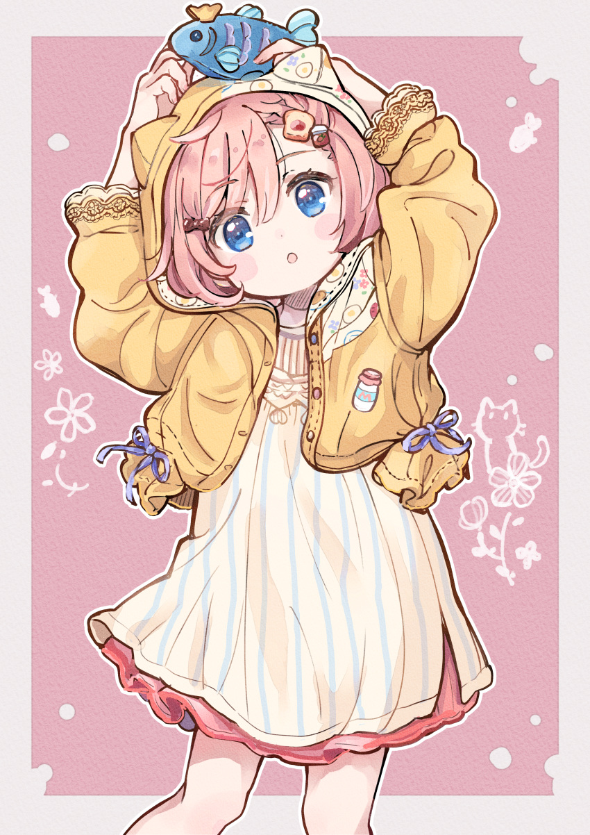1girl, :o, absurdres, animal_ears, animal_hood, arms_up, asymmetrical_hair, blue_eyes