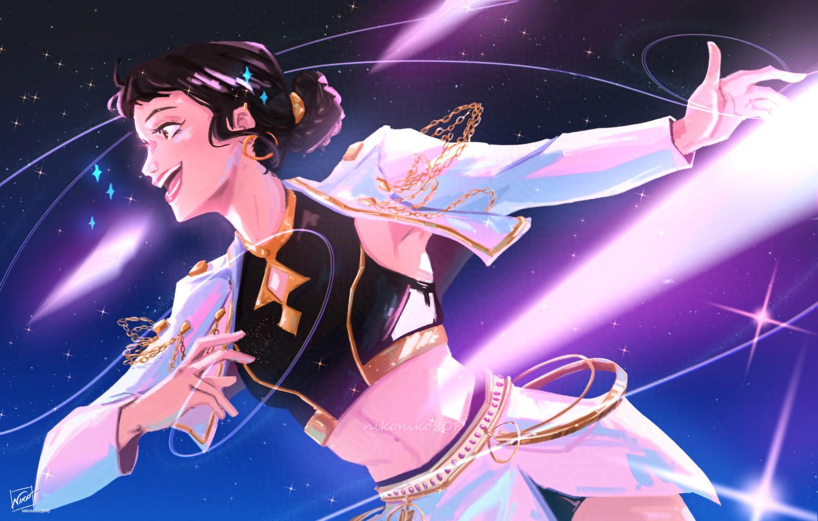 1girl, black_hair, blunt_bangs, commentary, cropped_jacket, double_bun, earrings, hair_bun