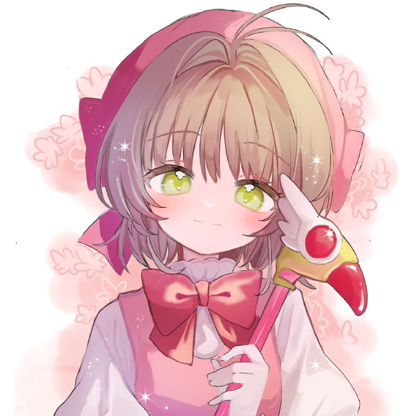 1girl, antenna_hair, beret, bow, bowtie, brown_hair, cardcaptor_sakura, closed_mouth