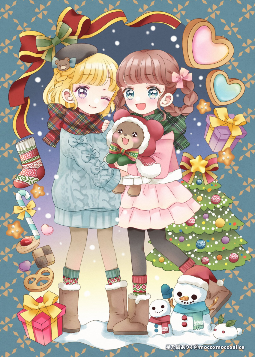 2girls, animal, artist_name, bear_cub, bear_hat_ornament, beret, black_eyes, black_hat
