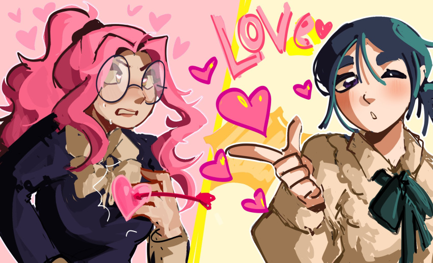 2girls, alien_stage, arrow_through_heart, black_bow, black_bowtie, black_hair, black_shirt, bow