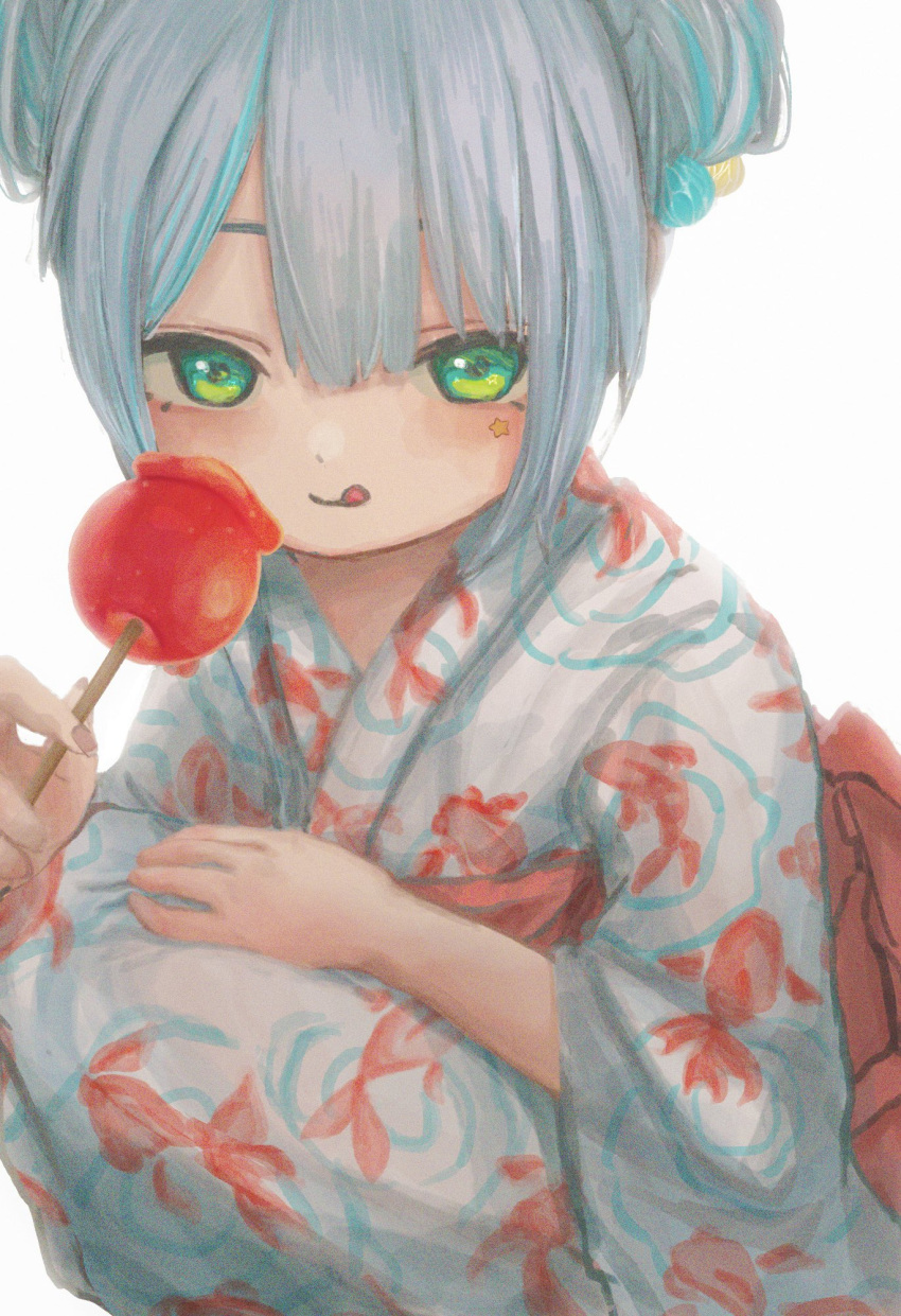 1girl, alternate_costume, alternate_hairstyle, animal_print, blush, candy_apple, cosmos_34, double_bun