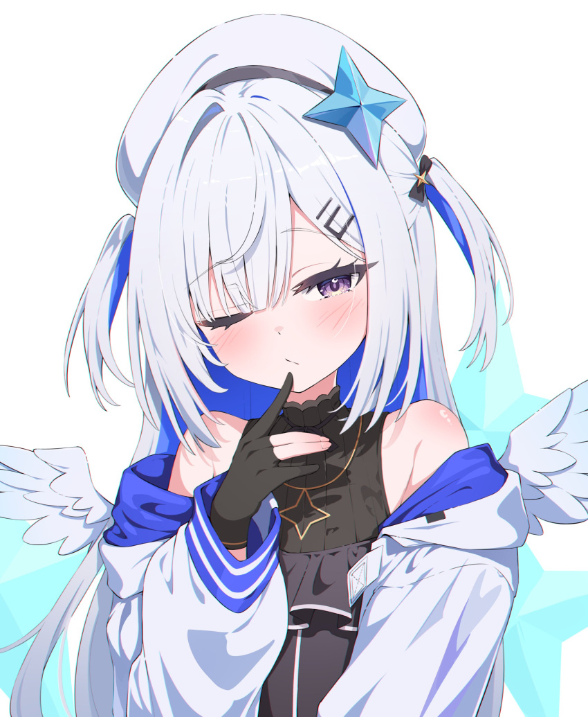 1girl, absurdres, amane_kanata, amane_kanata_(work), angel_wings, beret, black_gloves, black_shirt