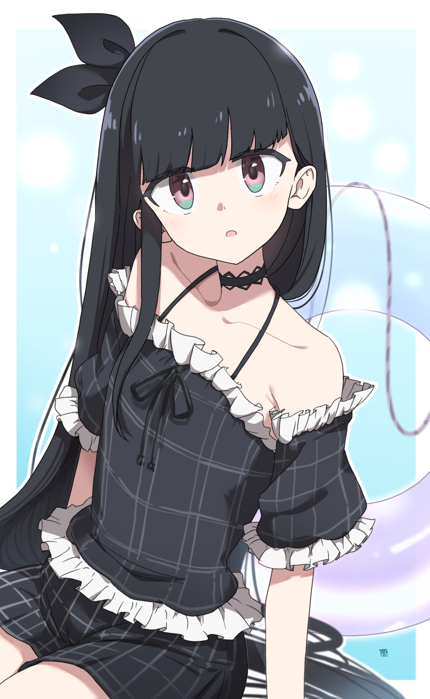 1girl, black_bow, black_choker, black_hair, black_shirt, bow, choker, cowboy_shot
