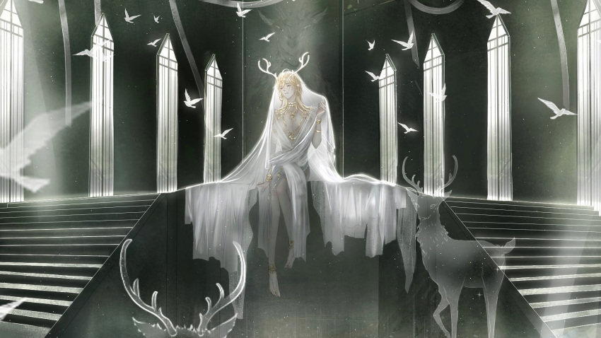 1boy, alkaid_mcgrath, alkaid_mcgrath_(spirit_world), anklet, antlers, arched_window, banner, barefoot, barefoot_sandals_(jewelry), bird, blonde_hair, bracelet, chinese_commentary, closed_eyes, crescent, crescent_necklace, deer, dove, earrings, full_body, gold_bracelet, gold_collar, gold_earrings, gold_necklace, hair_between_eyes, head_chain, highres, hoop_earrings, horns, indoors, jewelry, light_particles, lovebrush_chronicles, male_focus, medium_hair, multiple_necklaces, necklace, parted_lips, plunging_neckline, robe, see-through_body, see-through_clothes, see-through_veil, sitting, sleeveless_robe, solo, stairs, veil, veil_lift, white_robe, white_veil, window, wo_shi_baitao_zong