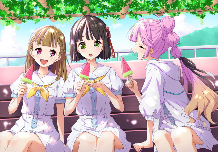3girls, :d, :o, anyoji_hime, black_hair, black_ribbon, blonde_hair, blue_sky, blunt_bangs, blunt_ends, bob_cut, braid, breast_pocket, brown_hair, center-flap_bangs, clouds, commentary_request, dappled_sunlight, day, dress, dutch_angle, facing_another, flower_knot, food, gradient_hair, green_eyes, hair_ribbon, hasu_no_shousankaku, hasu_no_sora_school_uniform, holding, holding_food, holding_popsicle, hood, hooded_jacket, in-universe_location, jacket, kachimachi_kosuzu, link!_like!_love_live!, looking_at_another, love_live!, medium_dress, momose_ginko, multicolored_hair, multiple_girls, neckerchief, on_bench, open_clothes, open_jacket, open_mouth, outdoors, pink_eyes, pink_hair, plant, pleated_dress, pocket, popsicle, profile, puffy_short_sleeves, puffy_sleeves, qy73, ribbon, rooftop, sailor_collar, sailor_dress, school_uniform, short_hair, short_sleeves, side_braids, sitting, sky, smile, sunlight, three-quarter_sleeves, vines, virtual_youtuber, watermelon_bar, white_dress, white_jacket, white_sailor_collar, yellow_neckerchief