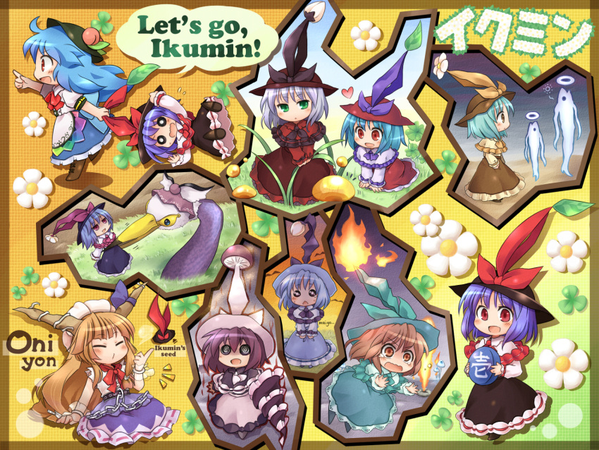 alternate_color, alternate_costume, alternate_hair_color, blue_hair, bow, brown_hair, burrowing_snagret, chain, closed_eyes, clover, cosplay, crossover, dress, drill, fire, fish, flower, folower, food, frills, fruit, ghost, grass, green_eyes, hat, hat_bow, highres, hinanawi_tenshi, hinawari_tenshi, horns, ibuki_suika, leaf, mushroom, mystia_lorelei, mystia_lorelei_(bird), mystia_lorelei_(cosplay), mystia_lorerei, nagae_iku, nintendo, o_o, oarfish, orange_eyes, orange_hair, parody, peach, pikmin, point, pointing, pote_(ptkan), ptkan, pun, purple_hair, red_eyes, shoes, silver_hair, tears, touhou, translated, translation_request, yellow_eyes