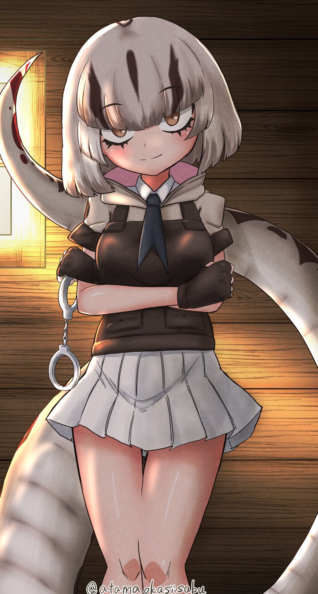 1girl, atamaokasiisabu, black_gloves, black_hair, black_necktie, black_trim, black_vest, blunt_bangs, boa_constrictor_(kemono_friends), collared_shirt, cowboy_shot, crossed_arms, cuffs, fingerless_gloves, gloves, grey_hair, grey_shirt, handcuffs, highres, hood, hood_down, kemono_friends, looking_at_viewer, multicolored_hair, necktie, orange_eyes, pleated_skirt, shirt, short_sleeves, sidelocks, skirt, snake_girl, snake_print, snake_tail, solo, tail, two-tone_hair, vest, white_shirt, white_skirt