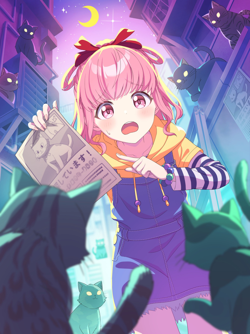 1girl, absurdres, alley, artist_request, bow, bracelet, cat, cat_day