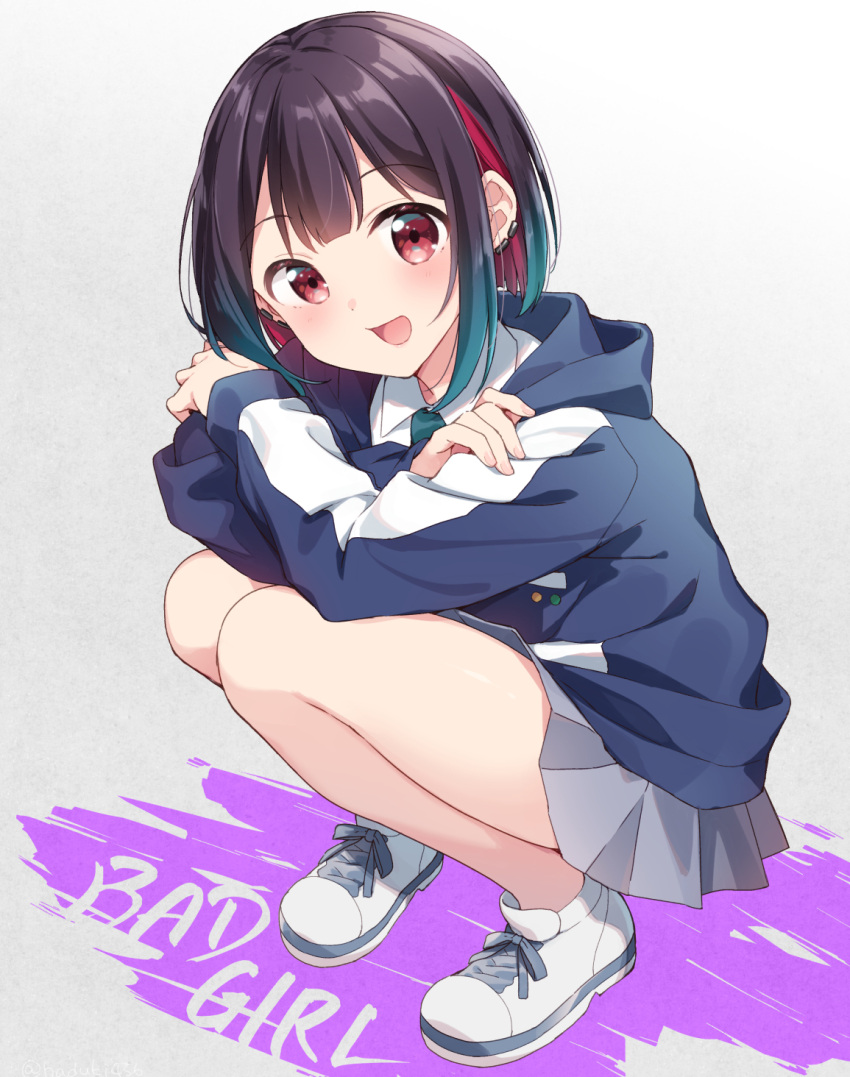 1girl, :d, bad_girl_(manga), black_hair, blue_hair, blue_hoodie, blue_necktie, collared_shirt