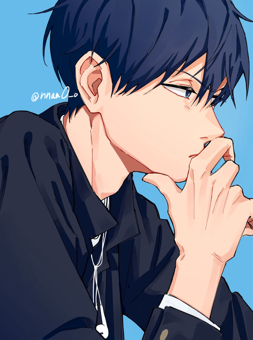 1boy, arm_up, black_jacket, blue_background, blue_eyes, blue_hair, buttoned_cuffs, buttons
