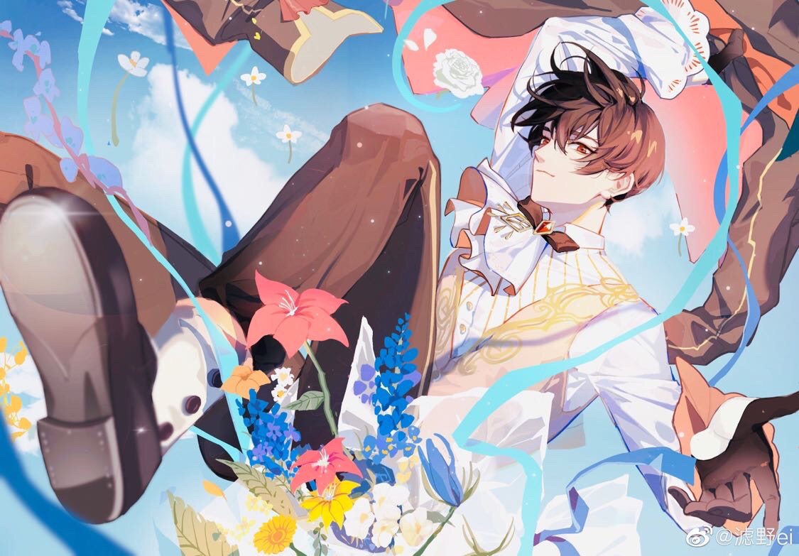 1boy, aqua_ribbon, arm_up, ascot, ayn_alwyn, ayn_alwyn_(godheim), beckoning, black_bow