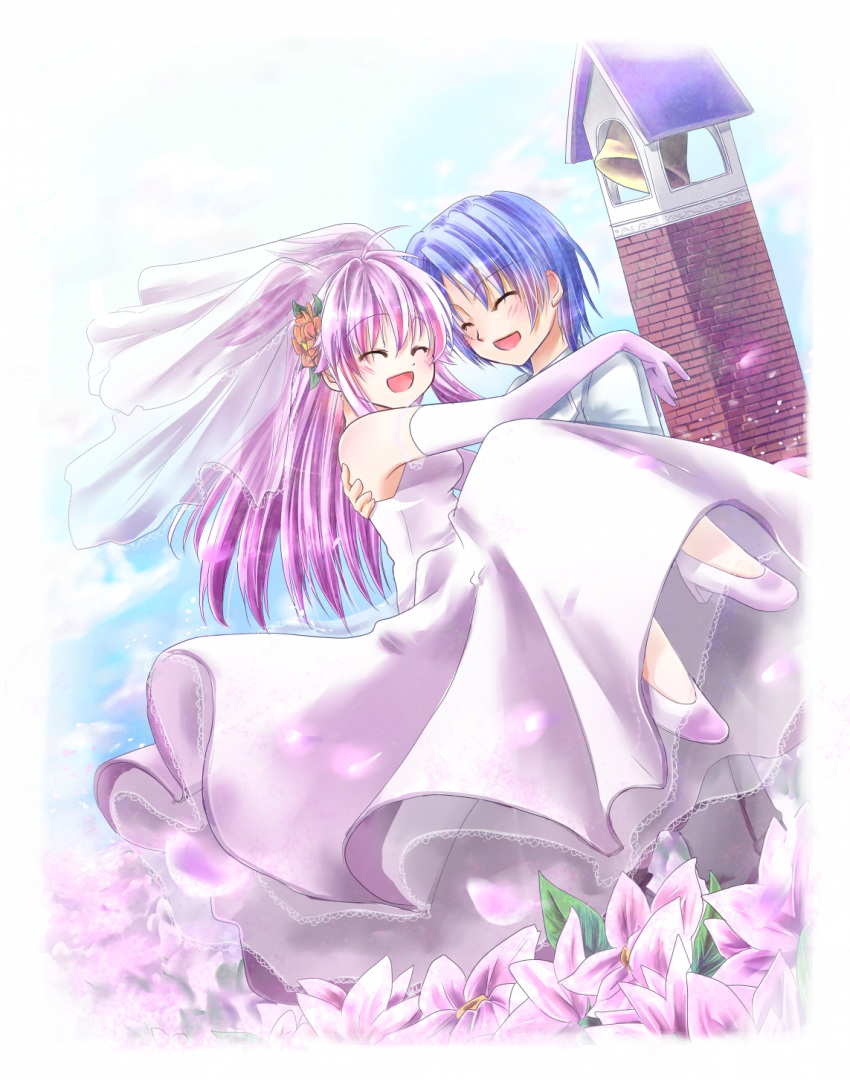 bad_id, bare_shoulders, bell, blush, bridal_veil, bride, carrying, closed_eyes