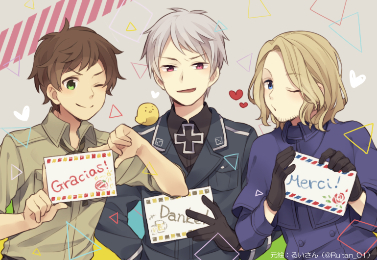3boys, animal_on_shoulder, axis_powers_hetalia, baby_animal, beak, bird, bird_on_shoulder, black_gloves