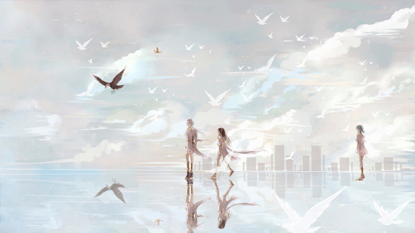 1girl, 2boys, aged_down, ambrum_(lovebrush_chronicles), ancient_greek_clothes, aqua_hair, bird, black_hair