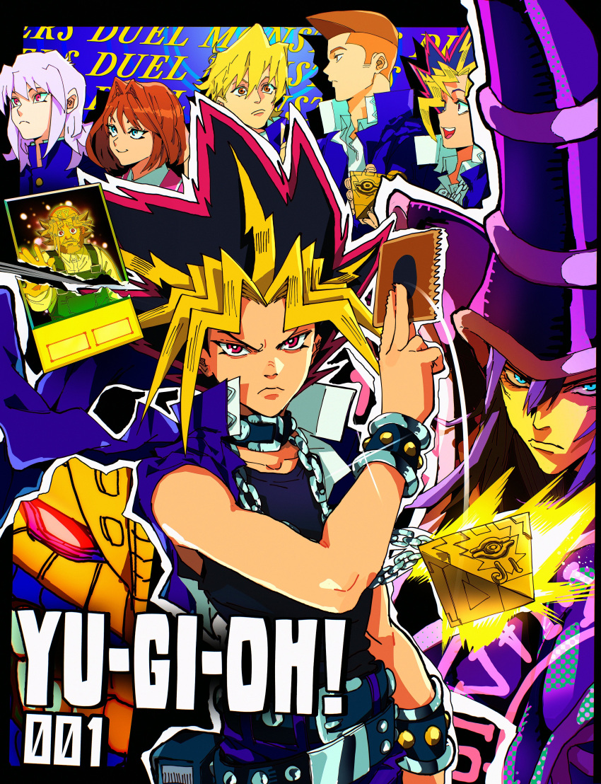 1girl, 6+boys, absurdres, bakura_ryou, bandana, beard, belt, black_hair
