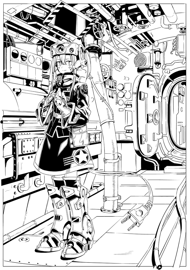 1girl, android, armored_boots, bag, belt, boots, cable, coat