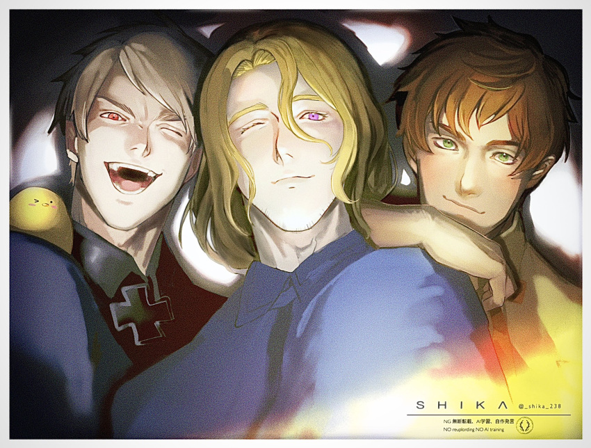 3boys, animal_on_shoulder, artist_name, axis_powers_hetalia, baby_animal, beak, bird, bird_on_shoulder