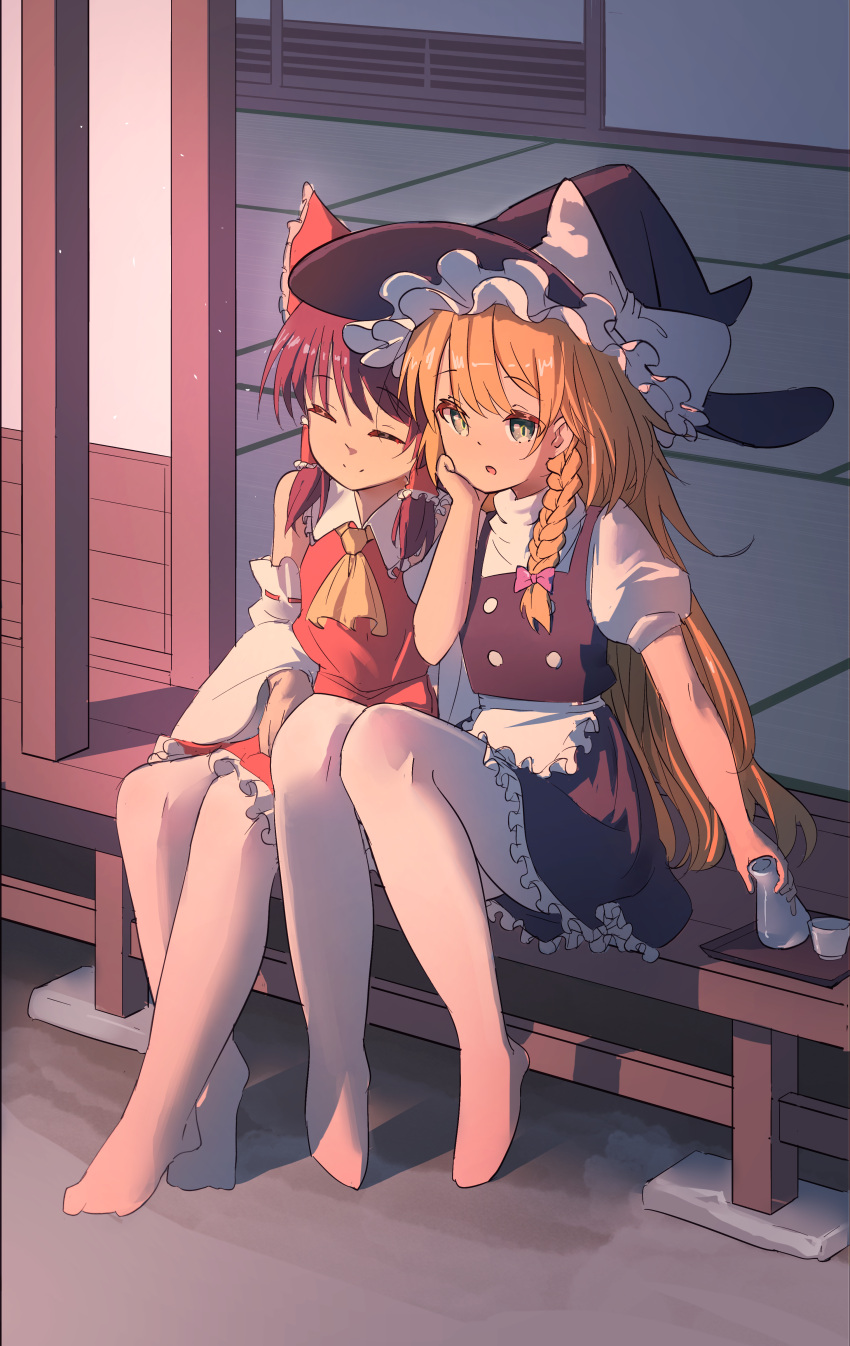 2girls, absurdres, apron, ascot, black_hat, black_skirt, black_vest, blonde_hair, bow, braid, brown_hair, chinese_commentary, closed_eyes, closed_mouth, commentary_request, detached_sleeves, frilled_bow, frilled_hair_tubes, frilled_skirt, frills, hair_bow, hair_tubes, hakurei_reimu, hand_on_own_cheek, hand_on_own_face, happy, hat, hat_bow, highres, holding, kirisame_marisa, long_hair, multiple_girls, open_mouth, pantyhose, pink_bow, puffy_short_sleeves, puffy_sleeves, red_bow, red_skirt, ribbon-trimmed_sleeves, ribbon_trim, shadow, short_sleeves, side_braid, single_braid, sitting, skirt, skirt_set, smile, split_mouth, sstareven2, tatami, touhou, very_long_hair, vest, waist_apron, white_apron, white_bow, white_pantyhose, witch_hat, yellow_ascot