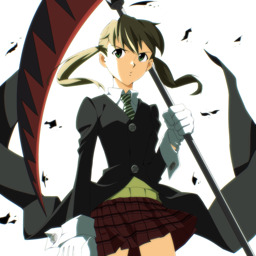 1girl, blonde_hair, gloves, green_eyes, green_necktie, highres, holding, holding_scythe