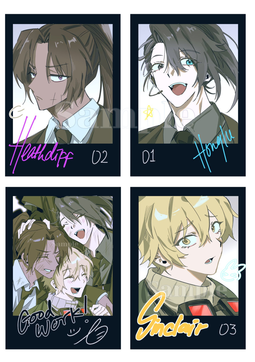 3boys, ^_^, annoyed, aqua_eyes, black-framed_eyewear, black_eyes, black_hair, black_jacket