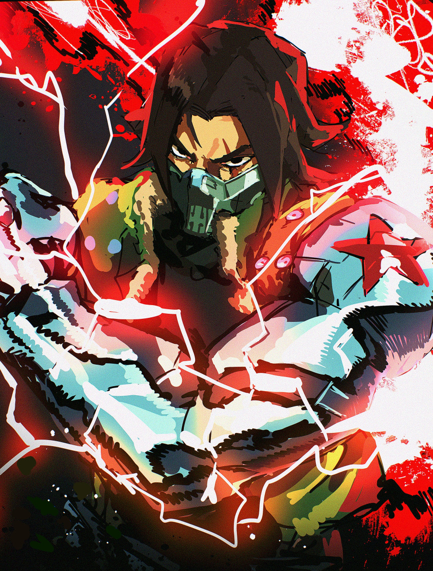 1boy, absurdres, black_eyes, black_shirt, brown_hair, bucky_barnes, electricity, fur-trimmed_jacket