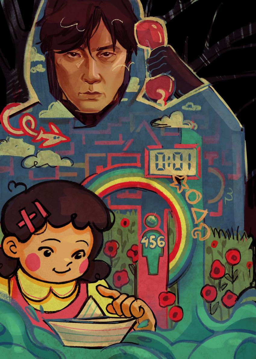 1boy, 1girl, absurdres, ahoge, aircraft, airplane, black_eyes, black_gloves, black_hair, blue_coat, blush, clock, clouds, coat, corded_phone, digital_clock, doll_(squid_game), doodle_inset, expressionless, flower, gloves, grass, hair_ornament, hand_up, heart, heart_ahoge, highres, holding, holding_phone, hood, hood_up, hwang_in-ho, markkrpg, paper_boat, phone, poppy_(flower), print_coat, rainbow, red_flower, short_hair, spoilers, squid_game, superimposition, upper_body, water, waterfall, waves, white_background, x_hair_ornament