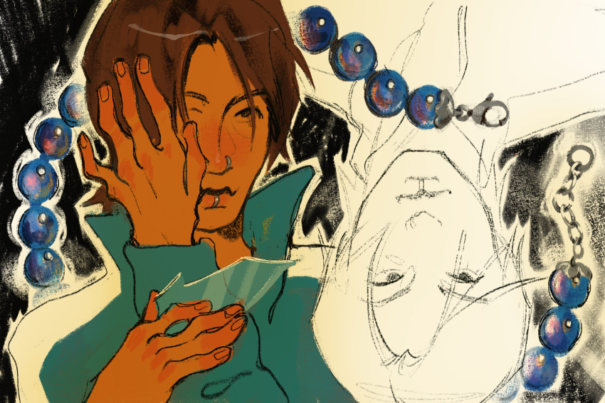 1girl, bead_necklace, beads, black_eyes, brown_hair, coat, covering_one_eye, face_piercing