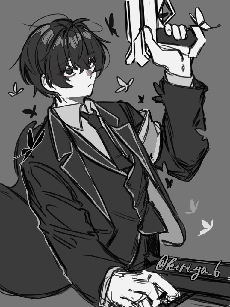 1boy, arm_up, bags_under_eyes, black_butterfly, black_coat, black_eyes, black_hair, black_necktie, black_vest, bug, butterfly, coat, collared_shirt, double-parted_bangs, dual_wielding, e.g.o_(project_moon), frown, grey_shirt, greyscale, gun, hair_between_eyes, handgun, holding, holding_gun, holding_weapon, kiri_ya_6, limbus_company, male_focus, monochrome, necktie, official_alternate_costume, project_moon, shirt, short_hair, solemn_lament_(e.g.o), solo, suit, upper_body, vest, weapon, white_butterfly, yi_sang_(project_moon)