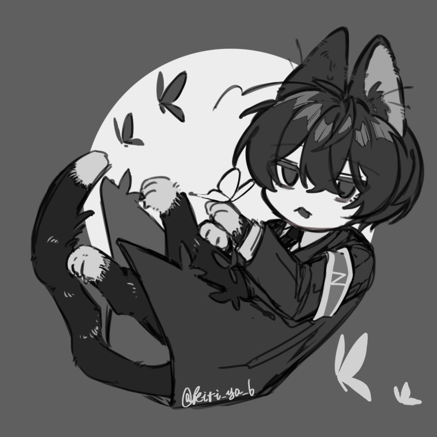 1boy, animal_ears, animal_hands, armband, black_butterfly, black_coat, black_hair, black_necktie