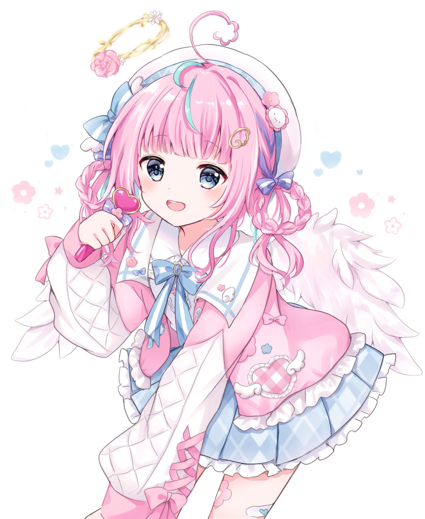 1girl, absurdres, ahoge, argyle_clothes, argyle_skirt, bandaid, bandaid_on_face, beret