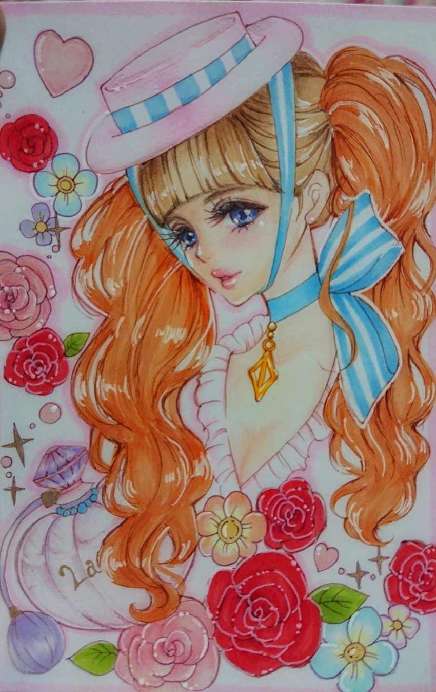 1girl, absurdres, brown_eyes, brown_hair, dress, flower, hat, highres