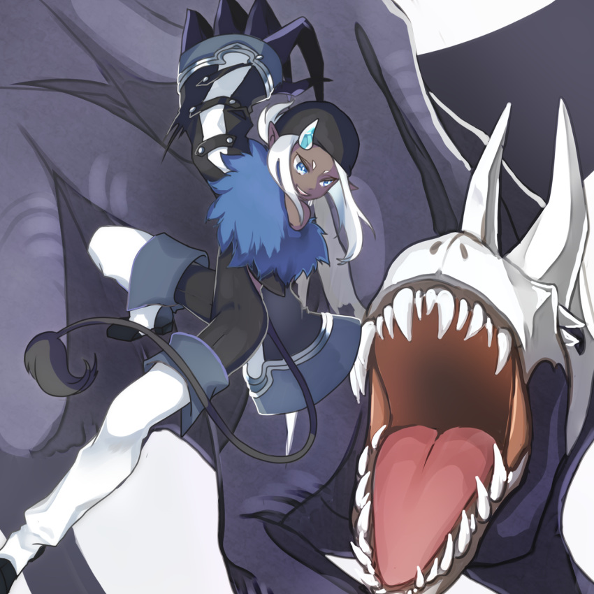 1girl, bandana, blue_eyes, boots, claws, dark-skinned_female, dark_skin, dragon