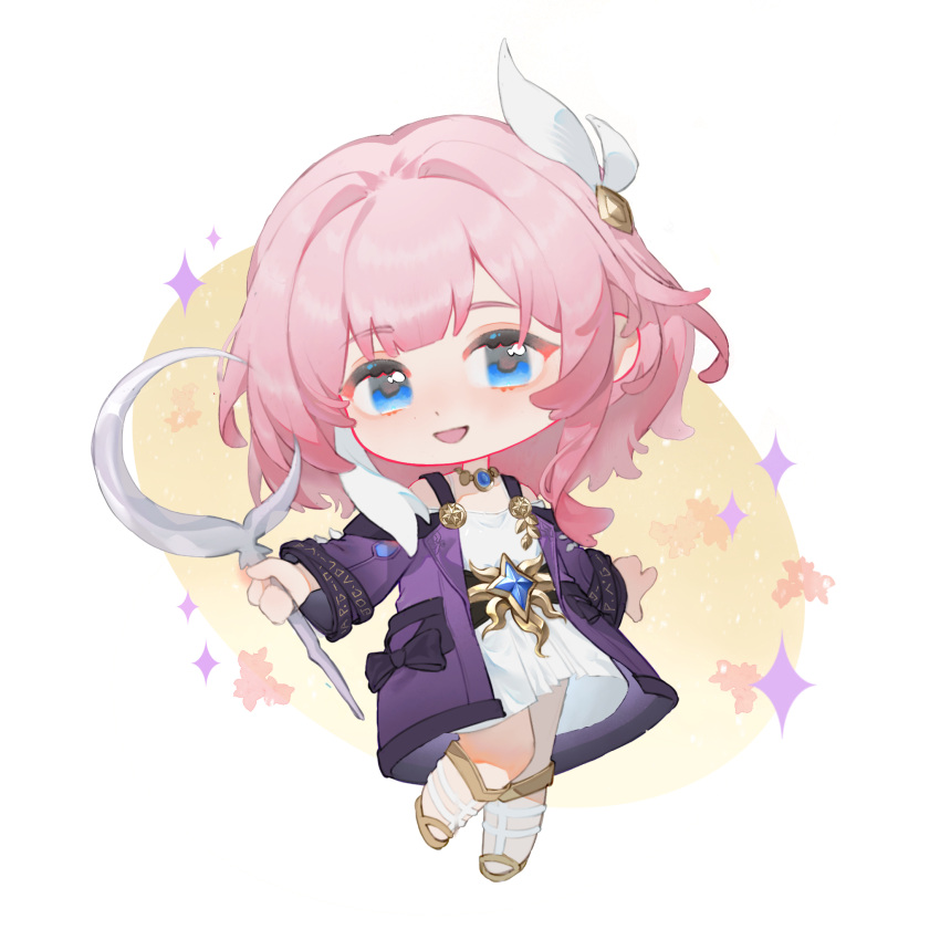 1girl, bare_shoulders, blue_eyes, ceremonial_blade_(honkai:_star_rail), chibi, chibi_only, chinese_commentary, coat
