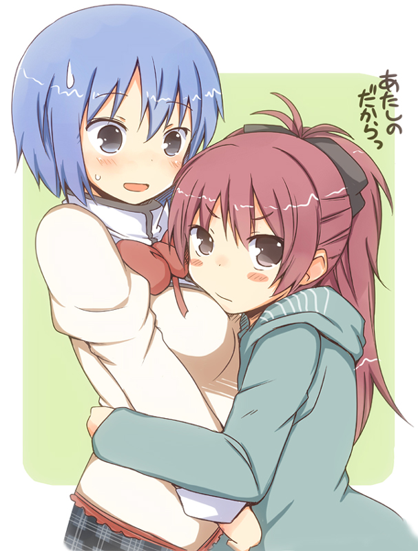 blue_eyes, blue_hair, blush, blush_stickers, breast_pillow, breasts, brown_eyes, female