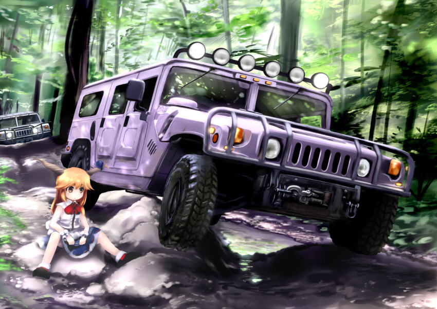 brown_eyes, chipika, forest, gmc_(automobile), horns, hummer, ibuki_suika, jeep