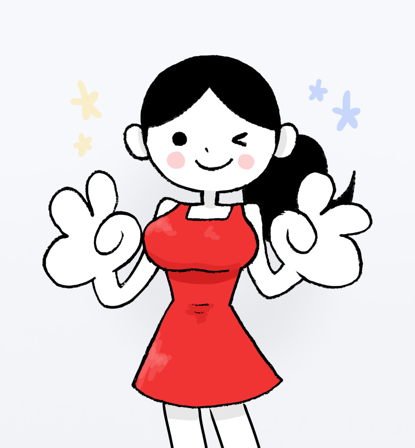 1girl, ;), absurdres, alternate_breast_size, black_hair, blush_stickers, breasts, colored_skin