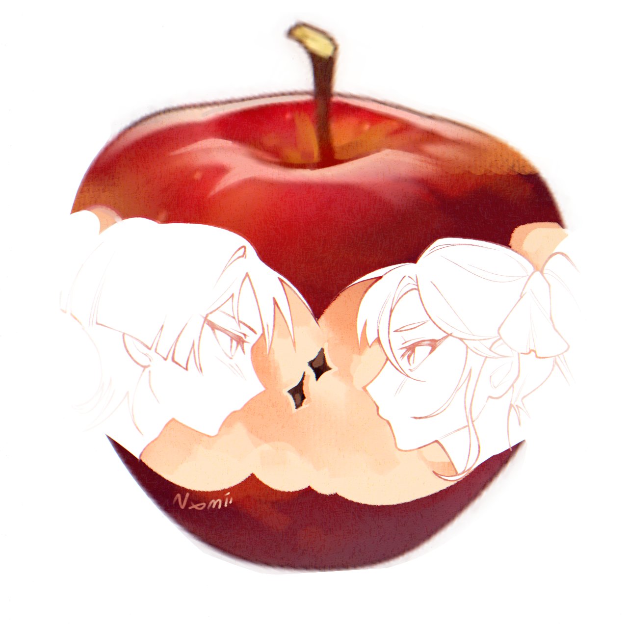 1boy, 1girl, alternate_hairstyle, apple, appletrend, artist_name, bitten_apple, blunt_ends