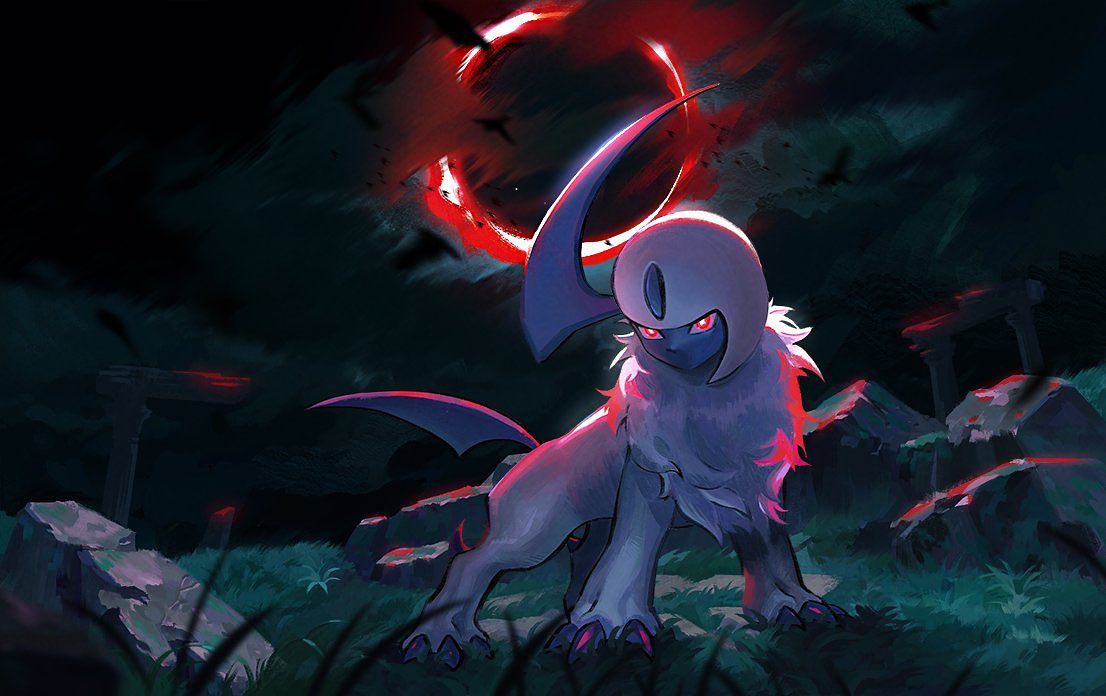 absol, animal_focus, bright_pupils, claws, clouds, cloudy_sky, commentary, dark_cloud