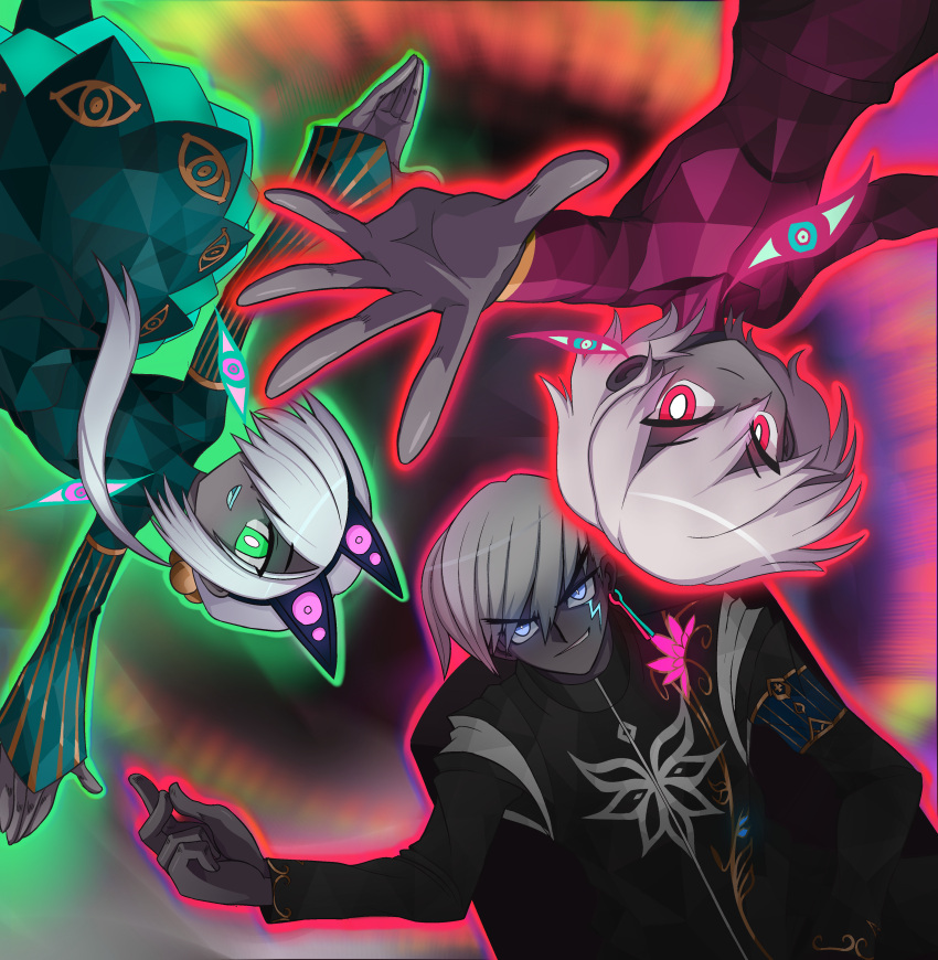 1girl, 2boys, absurdres, animal_ears, aura, black_skin, blue_eyes, boy_vajra_(fate)