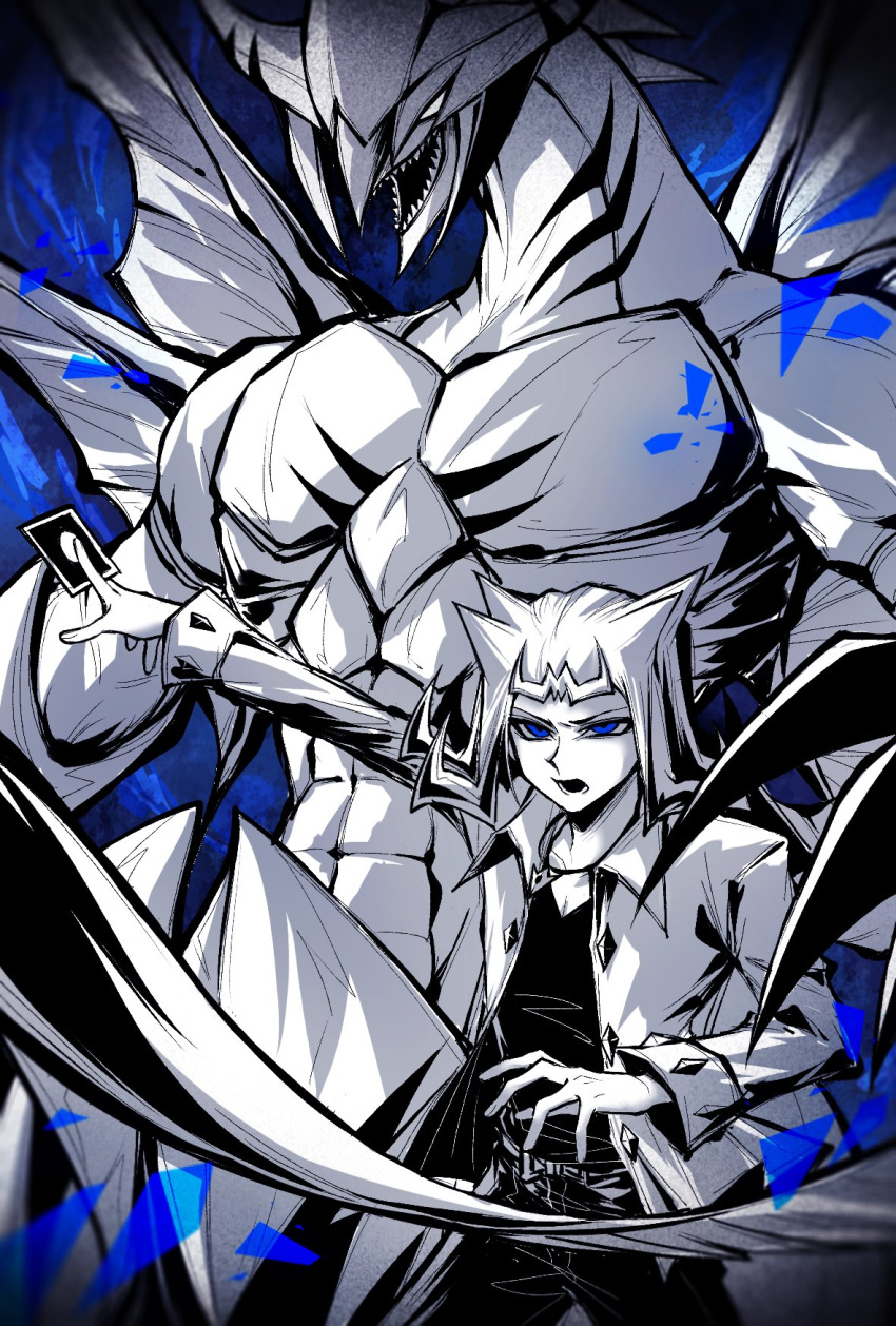 1boy, 1other, abs, annoyed, arm_fins, bahamut_shark, behind_another, black_pants